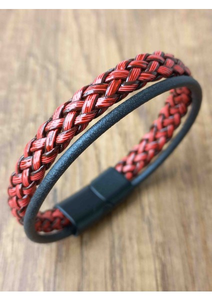 Kırmızı Siyah Örgü Deri Bileklik