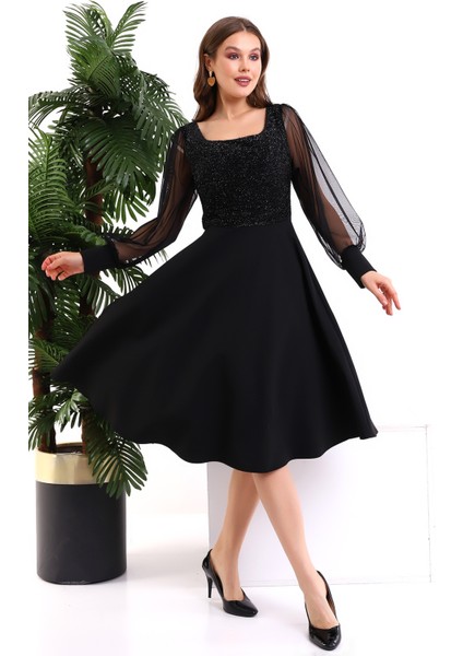 Siyah Simli Yovarlak Yaka Elbise F119