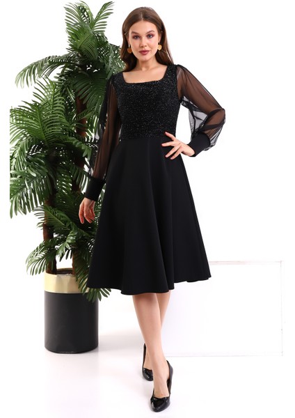 Siyah Simli Yovarlak Yaka Elbise F119 fiyatları