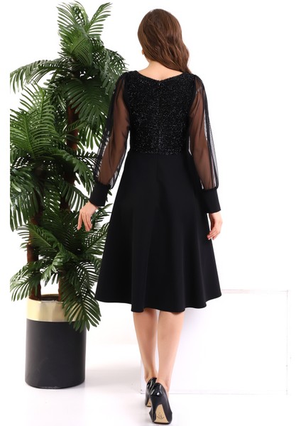 Siyah Simli Yovarlak Yaka Elbise F119 modelleri