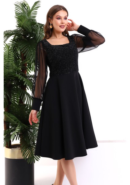 Siyah Simli Yovarlak Yaka Elbise F119 fırsatları