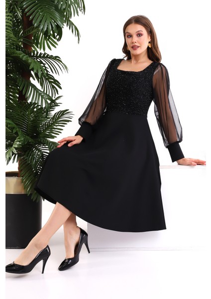 Siyah Simli Yovarlak Yaka Elbise F119 indirimleri