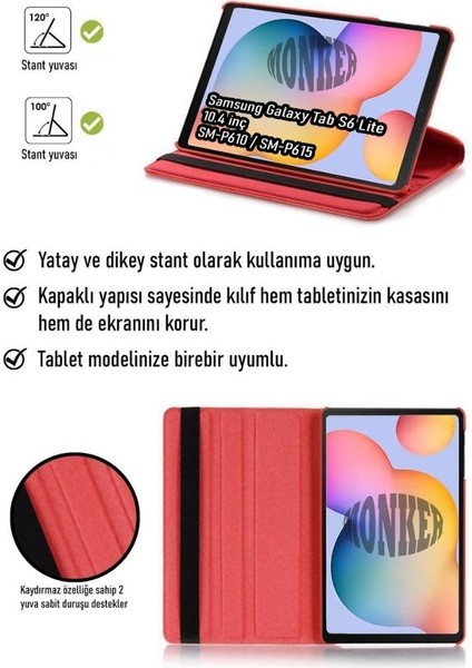 Samsung Galaxy Tab S6 Lite P610 P615 Uyumlu 10.4 Inç Kırmızı Tablet Kılıfı Dönebilen Standlı Dönerli Suni Deri