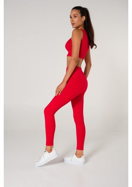 Toparlayıcı Dikişsiz Tayt-Crop Top Fitilli Büstiyer Tayt Crop Top Takım Kırmızı fırsatları
