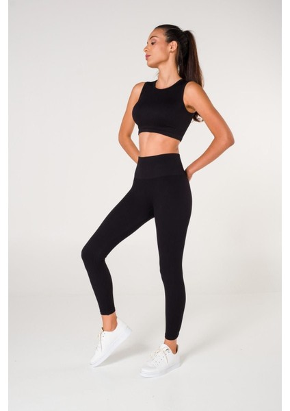 Toparlayıcı Dikişsiz Tayt-Crop Top Fitilli Büstiyer Tayt Crop Top Takım Siyah fırsatları