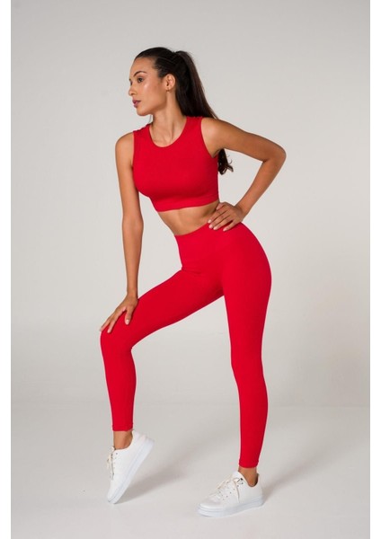 Toparlayıcı Dikişsiz Tayt-Crop Top Fitilli Büstiyer Tayt Crop Top Takım Kırmızı indirimleri