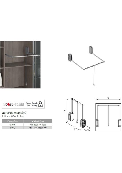 Stara x Gardırop Asansörü 12 Kg GRİ S 6012 G W:850 1150 mm