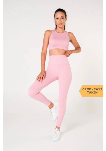 Secret Moda Toparlayıcı Dikişsiz Tayt-Crop Top Fitilli Büstiyer Tayt Crop Top Takım Pembe