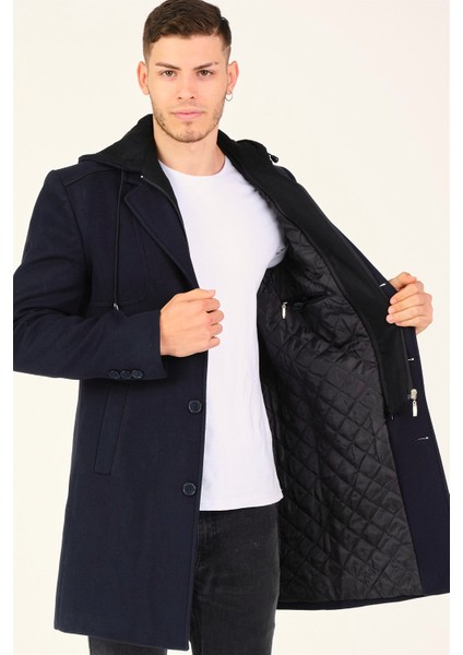 Erkek Palto Midi Boy Koyu Lacivert Yün Malzeme ile Şık Tasarım