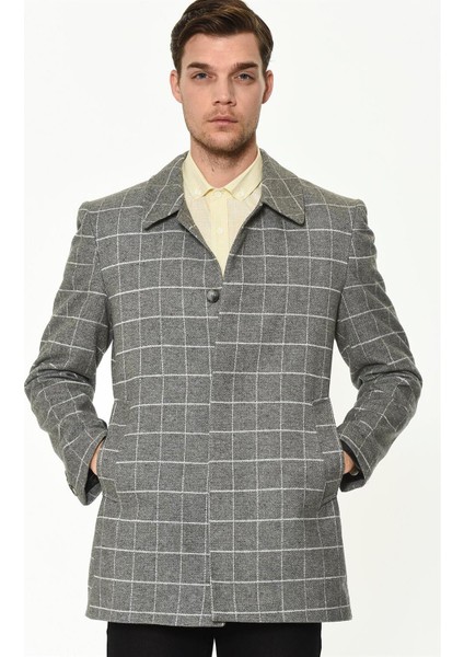 Erkek Palto Düz Gri %70 Yün %30 Polyester Uzun Kollu Midi Kesim