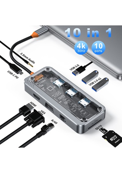 Hub 10IN1 Type-C Hub 3*usb3.0+4k HD+PD+3.5MM+SD+TF+VGA+RJ45+ Hub Adaptörü