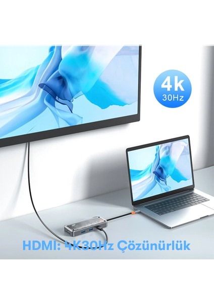 Hub 10IN1 Type-C Hub 3*usb3.0+4k HD+PD+3.5MM+SD+TF+VGA+RJ45+ Hub Adaptörü