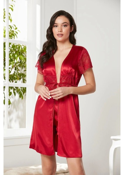 Saten Dantelli Midi Sabahlık 1020 Kırmızı