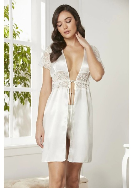 Saten Dantelli Midi Sabahlık 1020 Ekru