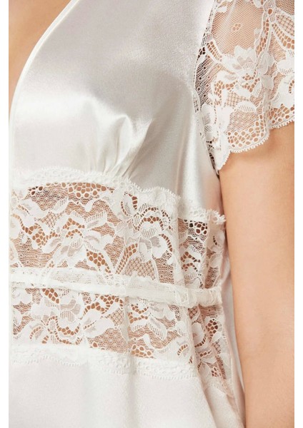 Saten Dantelli Midi Sabahlık 1020 Ekru fiyatları