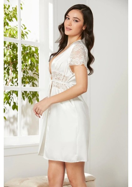 Saten Dantelli Midi Sabahlık 1020 Ekru modelleri