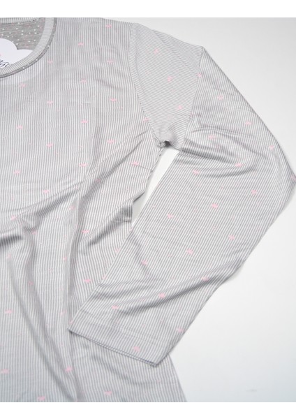 Kadın Gri Çizgili Kalpli Uzunkol Bambu Mevsimlik Pijama TAKIMI6451 fırsatları