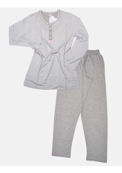 Kadın Gri Çizgili Kalpli Uzunkol Bambu Mevsimlik Pijama TAKIMI6451 indirimleri