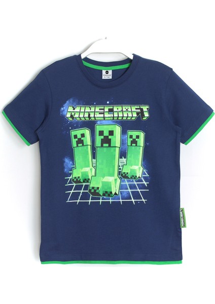 Biye Detaylı Erkek Çocuk Minecraft Creeper Baskılı T-Shirt Lacivert