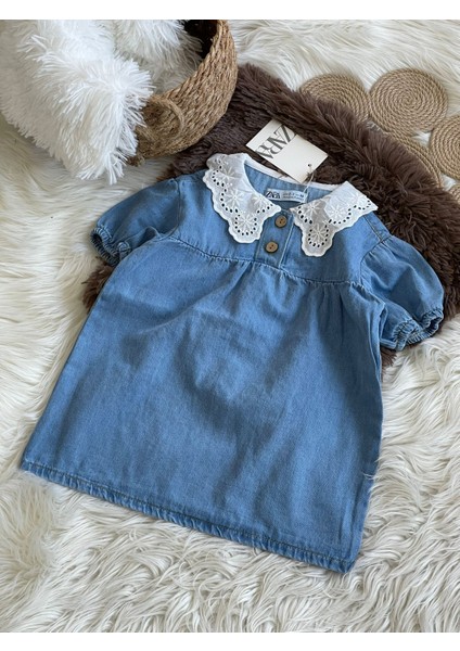 Mavi Yaka Detaylı Kot Elbise