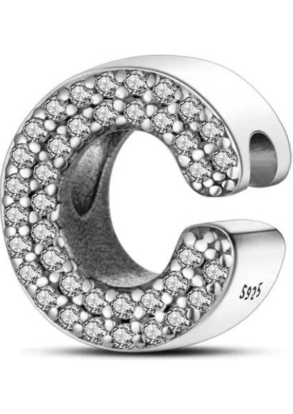 Gümüş S925 Damgalı C Harfi Zirkon Taşlı Charm
