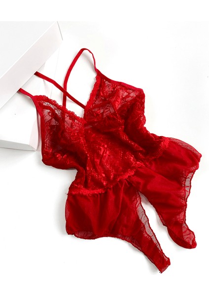 Özel Bölgesi Açık Tül Bodysuit