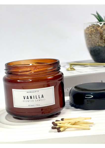 300ML Amber Cam Kavanoz Mum, Kapaklı, Vanilyalı, Beyaz Etiket