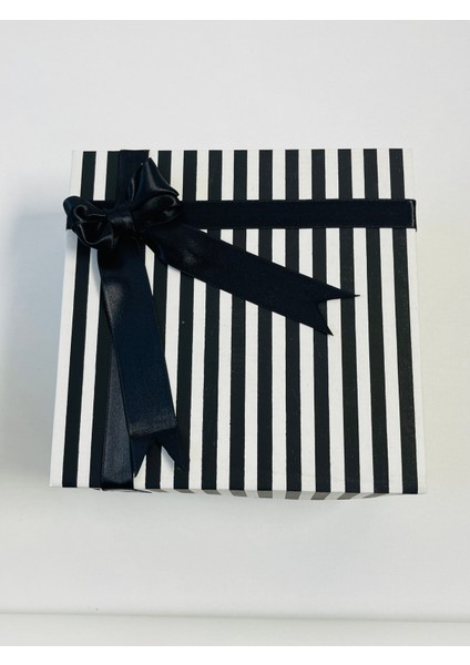 Siyah Fiyonklu, Siyah Beyaz Çizgili Renk, Kapaklı, Kırmızı Kırpıklı Boş Hediye Kutusu, 20X20X9CM modelleri