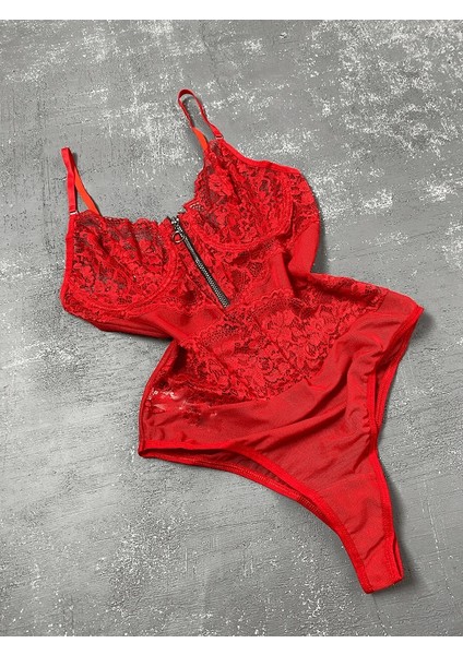 Dantelli Tül ve Fermuar Detaylı Balenli Bodysuit
