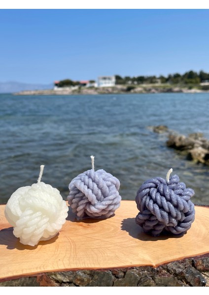 3'lü Dekoratif Yumak Mum Seti, Vanilya Kokulu, Örgü Mum, Gri, Beyaz, Açık Gri