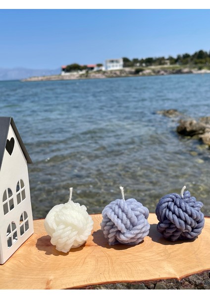3'lü Dekoratif Yumak Mum Seti, Vanilya Kokulu, Örgü Mum, Gri, Beyaz, Açık Gri