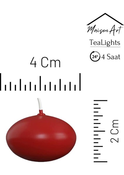 Maison Art Float Kırmızı 12 Adet Yüzen Mum 4 Saat Yanan Tea Light Mum Kokusuz Terapi Mumu