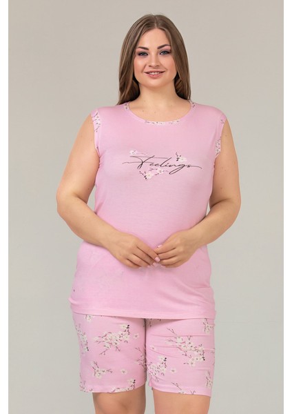 Pembe Renk ve Çiçek Desenli Lady 10375 Büyük Beden Şortlu Pijama Takımı