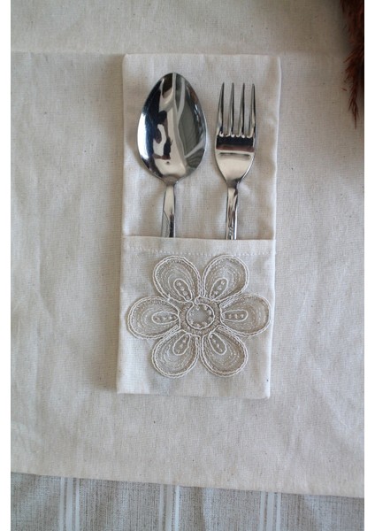 6 Adet Çiçek Dantelli Krem Keten Kaşıklık Servis Sunum - Table Decor fırsatları