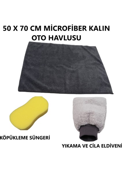 Oto Yıkama Araba Kurulama Araç Cam Temizlik 3'lü Mikrofiber Bez Seti ( Havlu - Sünger - Eldiven )