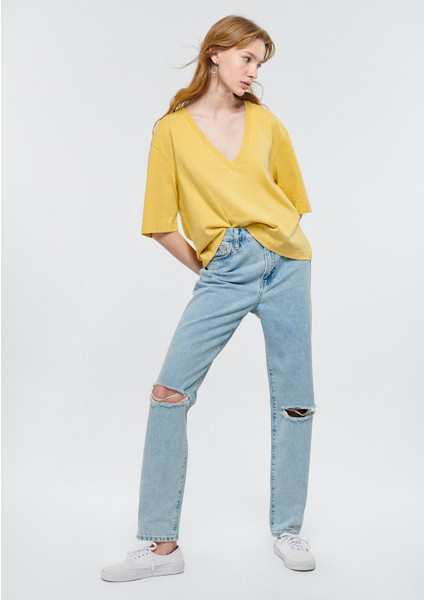 Kadın HAPPY Eskitilmiş Mavi Yırtıklı Jean Pantolon 101453-84409