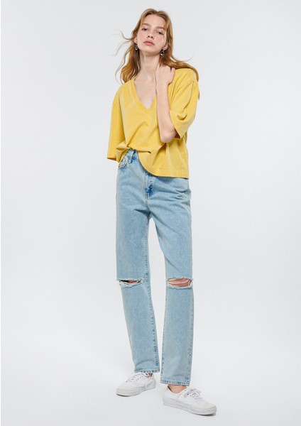Kadın HAPPY Eskitilmiş Mavi Yırtıklı Jean Pantolon 101453-84409 fiyatları
