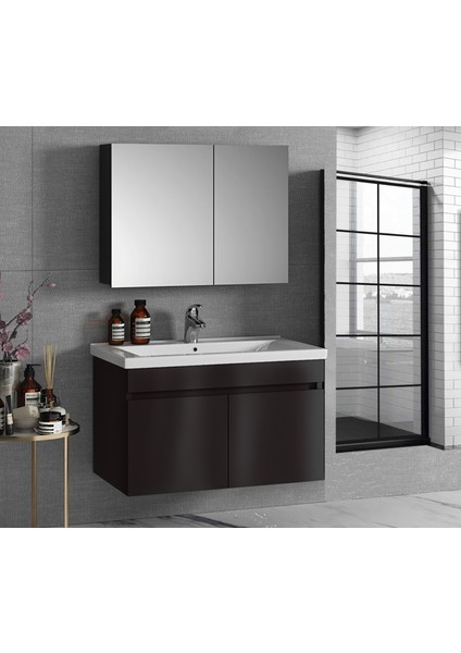 Viola Siyah 65 cm Mdf-Hazır Kurulu-Aynalı Lavabolu Banyo Dolabı Takımı*demonte Değil**