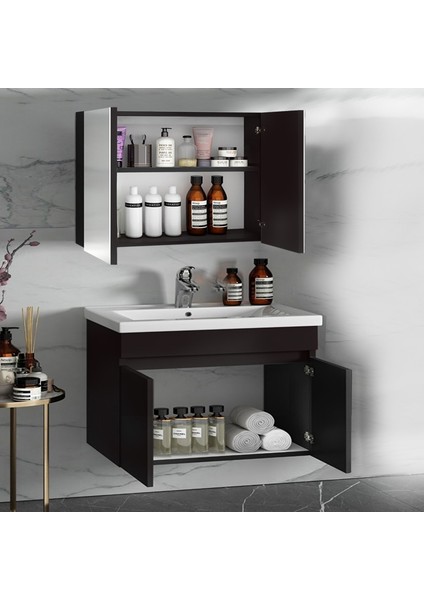 Viola Siyah 65 cm Mdf-Hazır Kurulu-Aynalı Lavabolu Banyo Dolabı Takımı*demonte Değil**