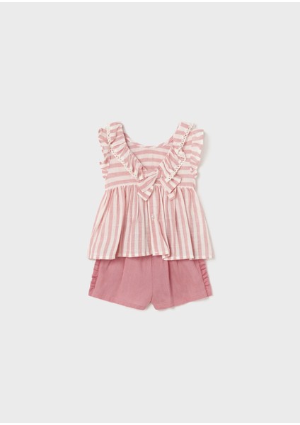 Kız Bebek Ekose Bluzlu Keten Pamuklu Şort 2'li Set Takım
