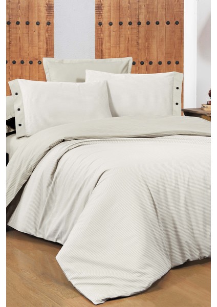New Fancy Stripe Ekru King Size (Battal Boy) %100 Pamuk Çizgili Nevresim Takımı