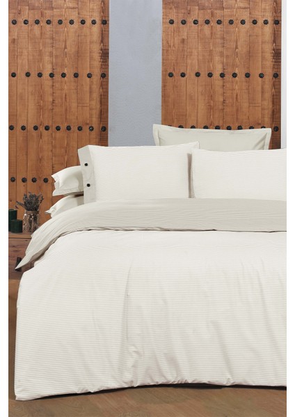 New Fancy Stripe Ekru King Size (Battal Boy) %100 Pamuk Çizgili Nevresim Takımı modelleri