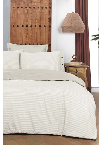 New Fancy Stripe Ekru King Size (Battal Boy) %100 Pamuk Çizgili Nevresim Takımı fırsatları
