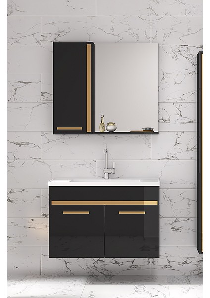 Alfa Banyo Yeni Gold Siyah 80 cm Lavabolu Banyo Dolabı Takımı**demonte Değil**