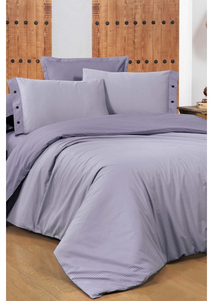 New Fancy Stripe Lila King Size (Battal Boy) %100 Pamuk Çizgili Nevresim Takımı
