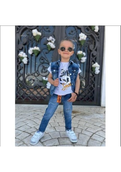 Kurt Desenli Kot Yelekli Pantolon Tshirt Üçlü Erkek Takım 2-12 Yaş
