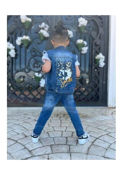 Kurt Desenli Kot Yelekli Pantolon Tshirt Üçlü Erkek Takım 2-12 Yaş