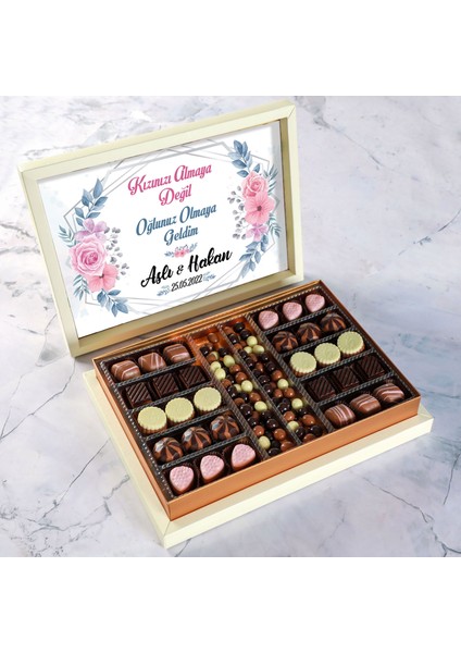 İsimli Kız İsteme Çikolatası Kahve Drajeli Special Çikolata 490g (Krem Kutu)