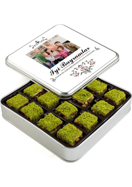 Kendi Fotoğrafınız ile Bayram Hediyesi İçi Dışı Antep Fıstıklı Çikolatalı Bohça Lokum (Metal Kutu)
