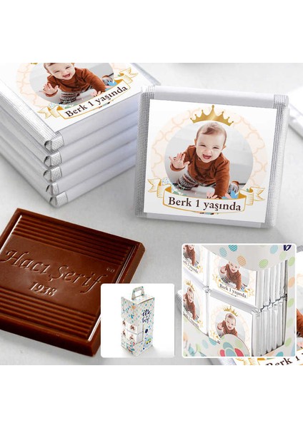 1 Yaş Fotoğraflı Erkek Bebek Çikolatası (70 Adet Madlen Çikolata)